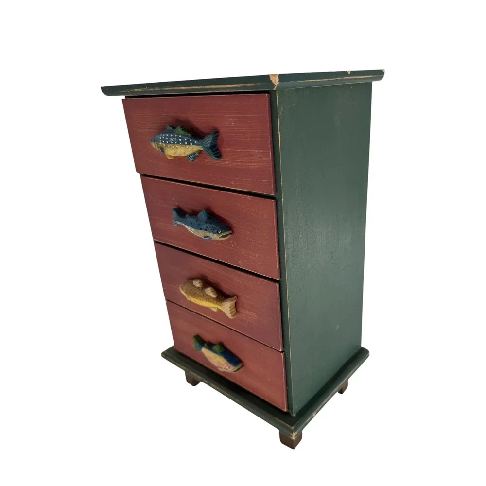 Folk Art Wood Jewelry Box Fish Motif 4 Drawer Chest Green Burgundy Fishermancore